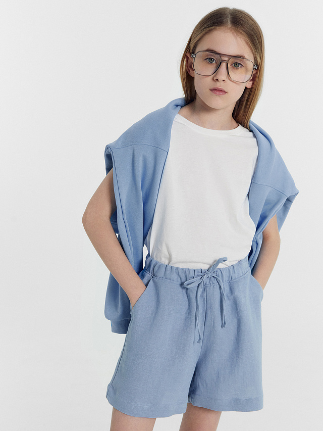 Шорты для девочек серо-голубые изо льна и вискозы