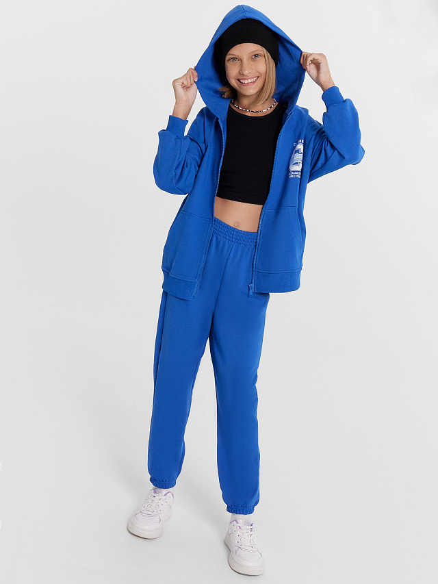 Комплект для девочек (жакет, брюки) синий с печатью