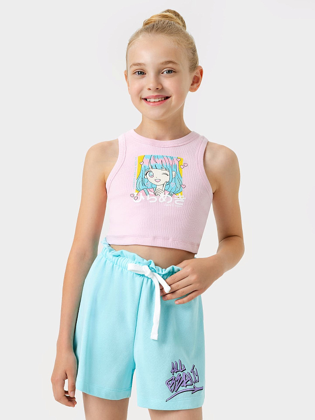 Шорты бирюзовые с принтом граффити для девочек