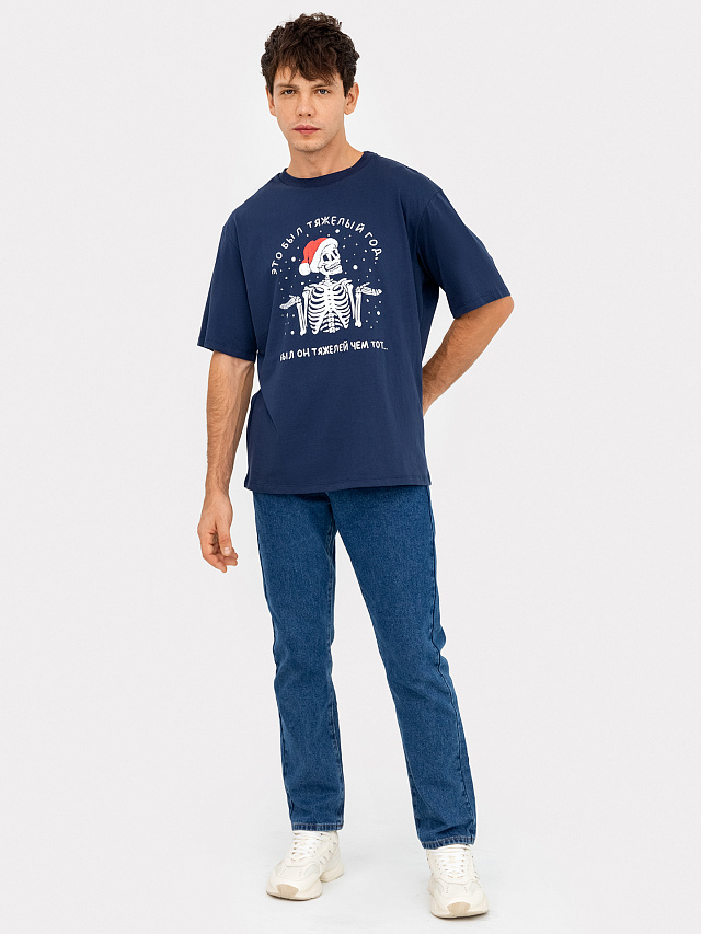 Футболка мужская синяя новогодняя с печатью