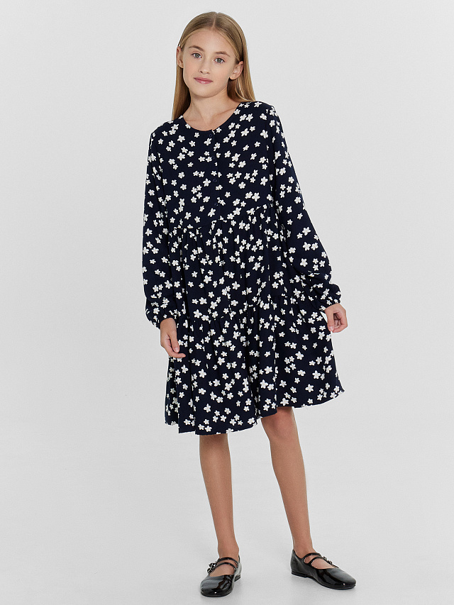 Платье для девочек темно-синее в цветочки