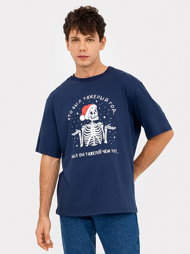 Футболка мужская синяя новогодняя с печатью