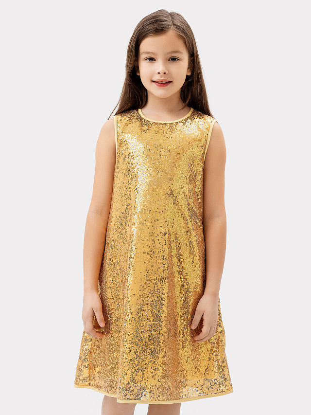 Нарядное платье без рукавов в золотистые пайетки для девочек