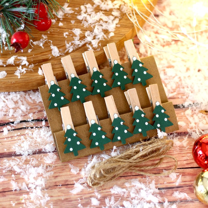 Прищепки декоративные новогодние «Ёлочки зелёные» набор 10 шт., 1,5 × 12 × 14 см