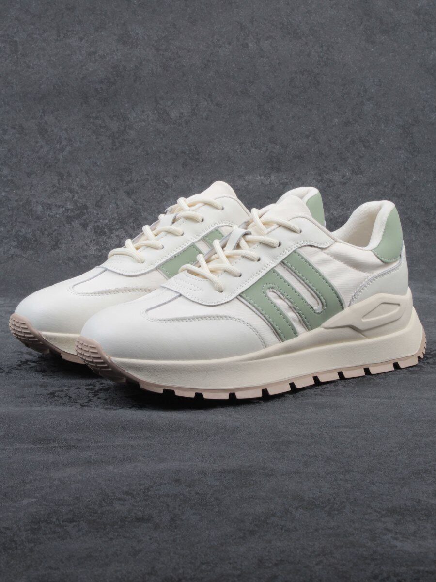 03-WG040-1M MILK/GREEN Кроссовки демисезонные женские (натуральная кожа)