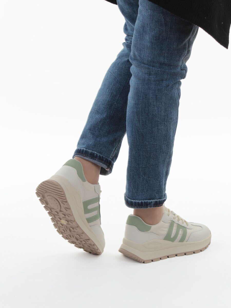 03-WG040-1M MILK/GREEN Кроссовки демисезонные женские (натуральная кожа)