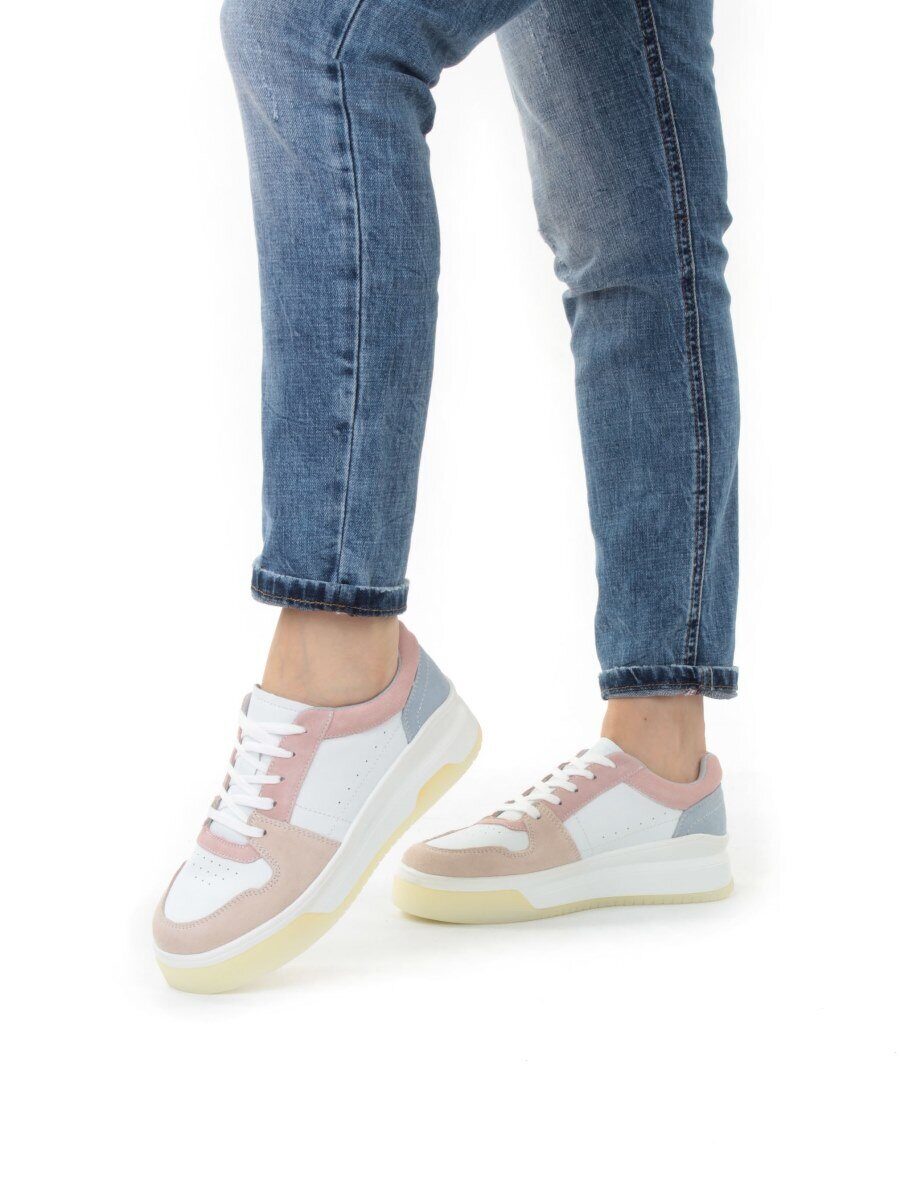 03-YG453-1 WHITE/PINK/BEIGE/LT. BLUE Кроссовки женские (натуральная кожа)