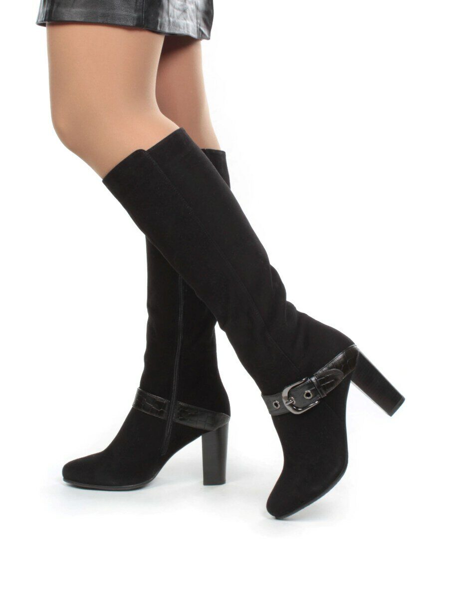 02-MB051-211M BLACK Сапоги зимние женские (натуральная замша, натуральный мех (еврозима))