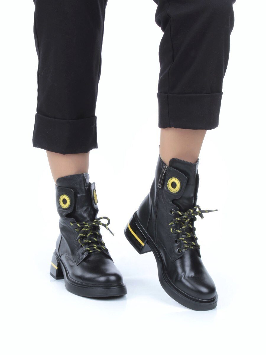 01-P514-3 BLACK/YELLOW Ботинки демисезонные женские (натуральная кожа, байка)