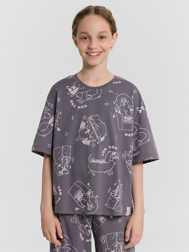 Комплект домашний для девочек серый с принтом