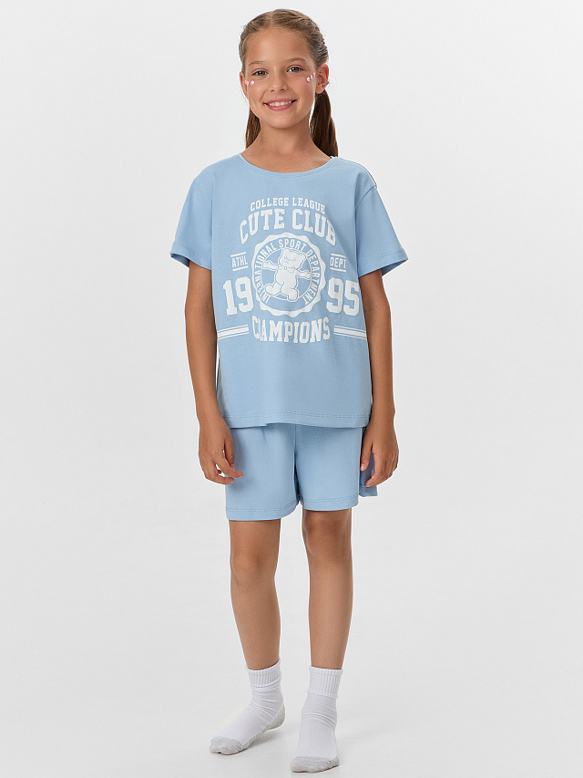 Комплект домашний для девочек голубой с принтом и надписью