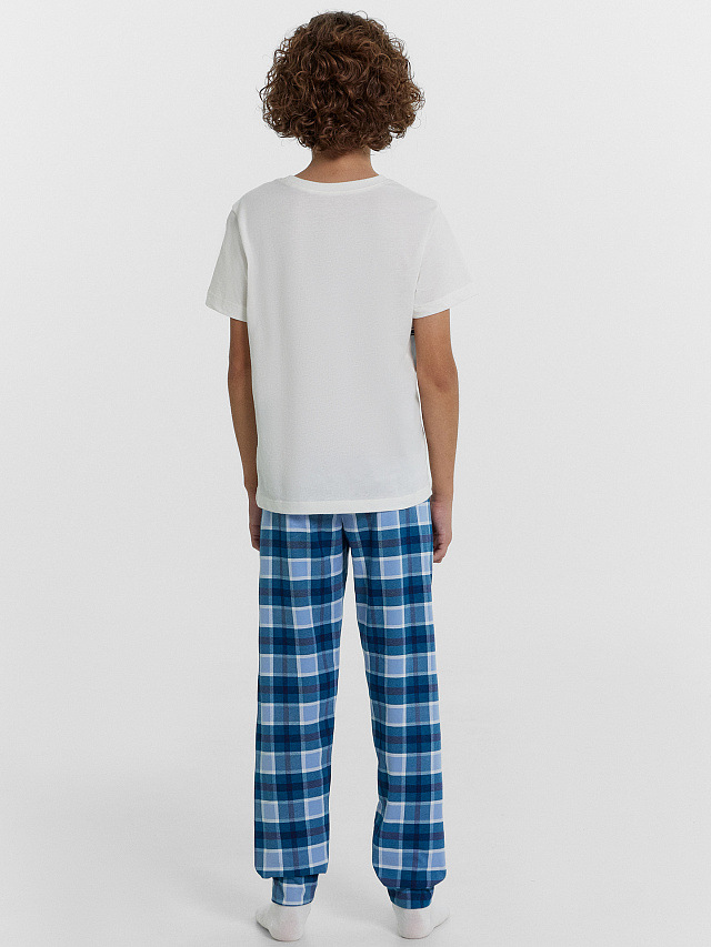 Комплект для мальчиков (футболка, брюки) светло-молочный в бирюзовую клетку