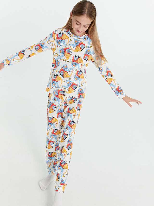 Комплект для девочек (джемпер, брюки) молочно-бежевый со слониками