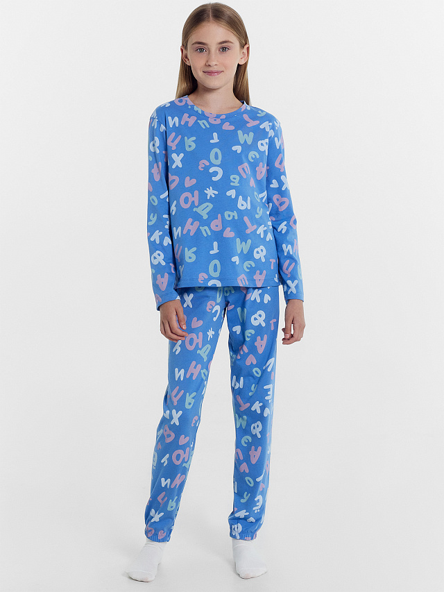 Комплект для девочек (джемпер, брюки) синий с алфавитом