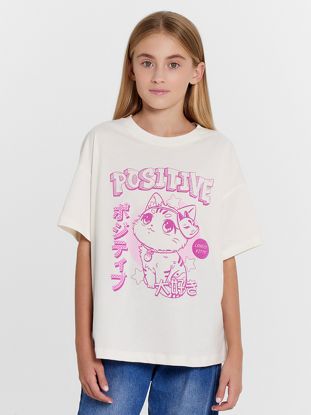 Футболка для девочек бело-бежевая с аниме котиком
