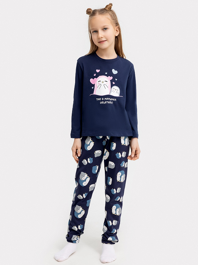 Комплект для девочек (джемпер, брюки) синий с пингвинами