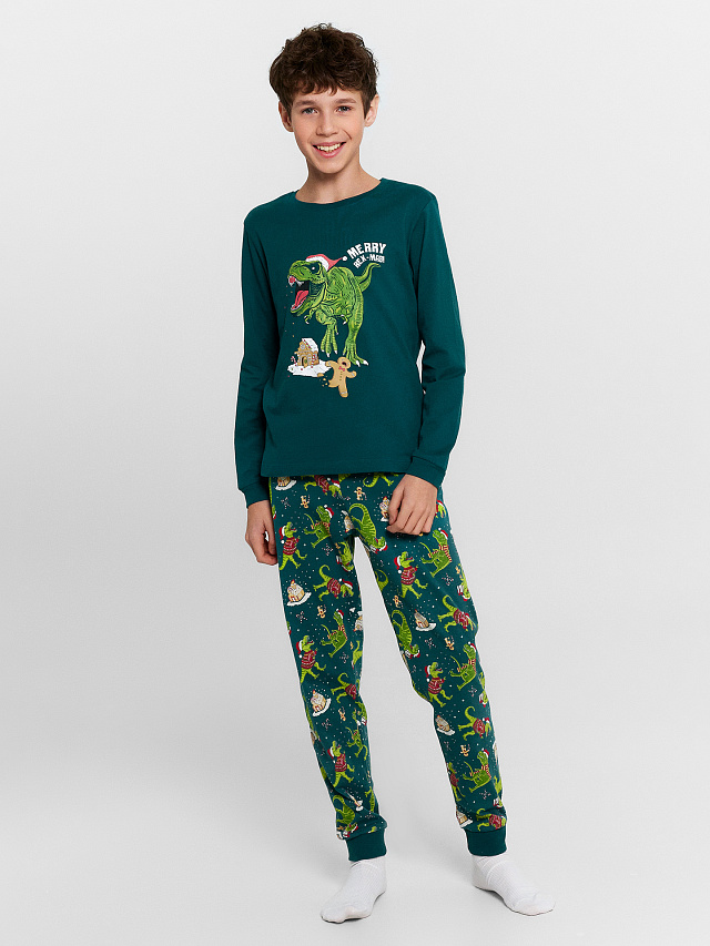 Пижама для мальчиков зеленая с новогодним принтом
