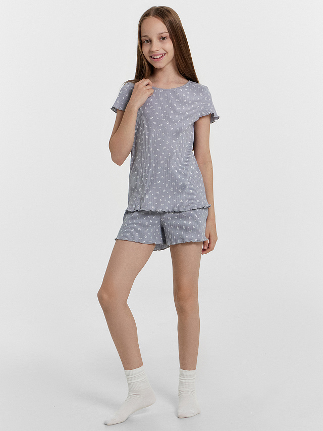 Комплект домашний для девочек серый с цветочным принтом