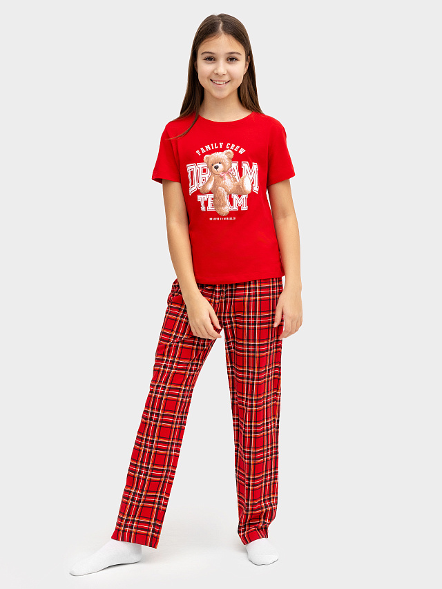 Комплект для девочек (джемпер, брюки) вишнево-красный в клетку