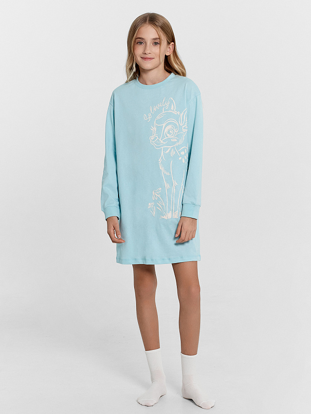 Сорочка ночная для девочек голубая с олененком Бэмби