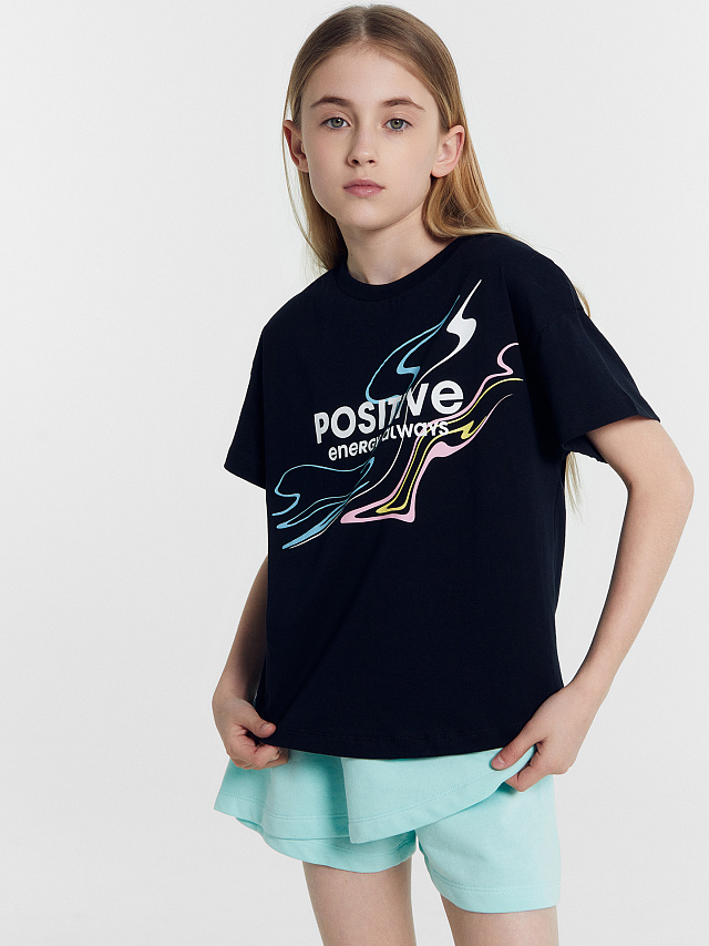 Футболка для девочек черная с печатью