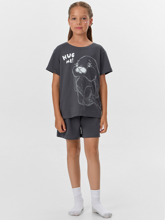 Комплект домашний для девочек серый с принтом и надписью