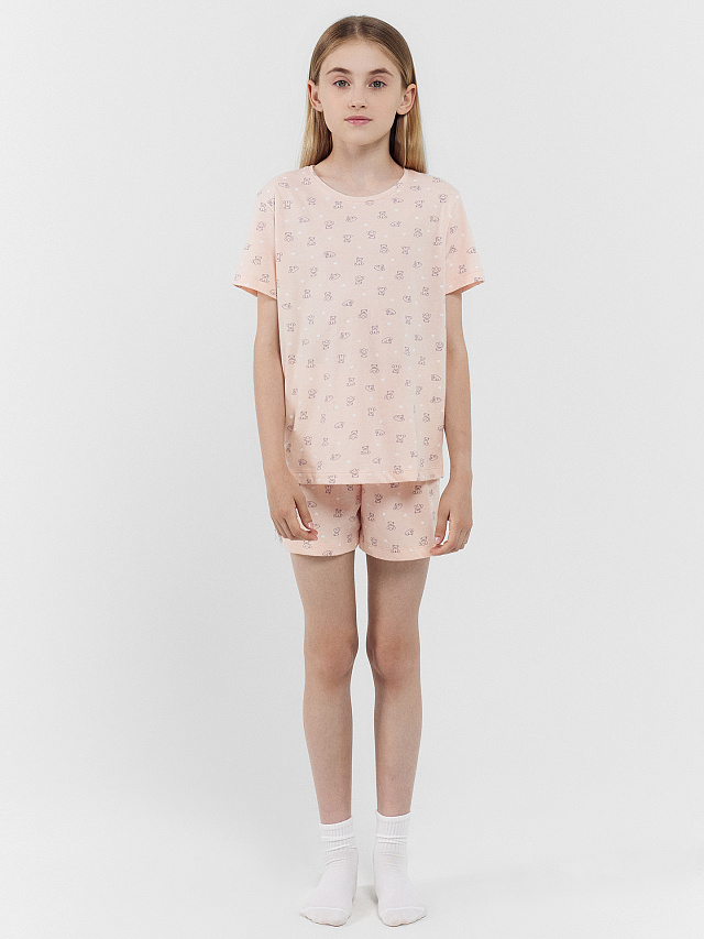Комплект для девочек (футболка, шорты) светло-коралловый с мишками