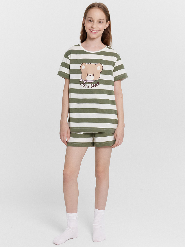 Комплект домашний для девочек в полоску с принтом