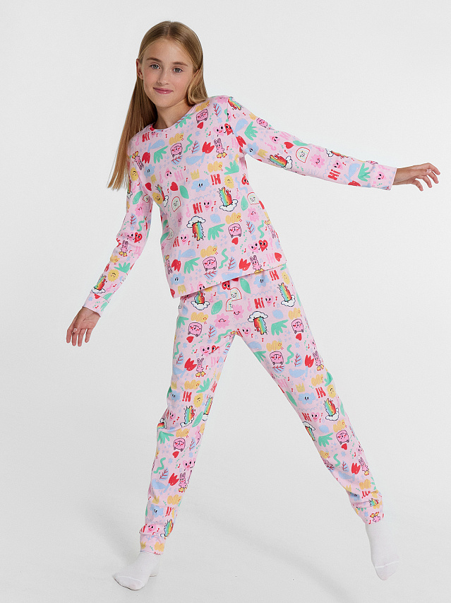 Комплект для девочек (джемпер, брюки) розовый с рисунками