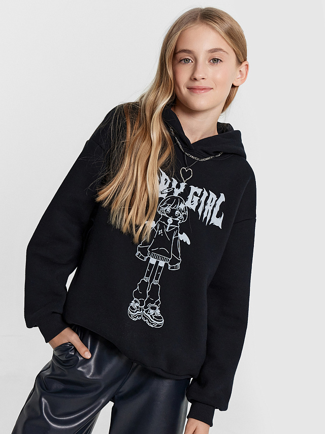 Худи для девочек черное с печатью
