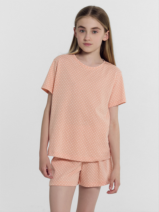 Комплект для девочек (футболка, шорты) коралловый с сердечками