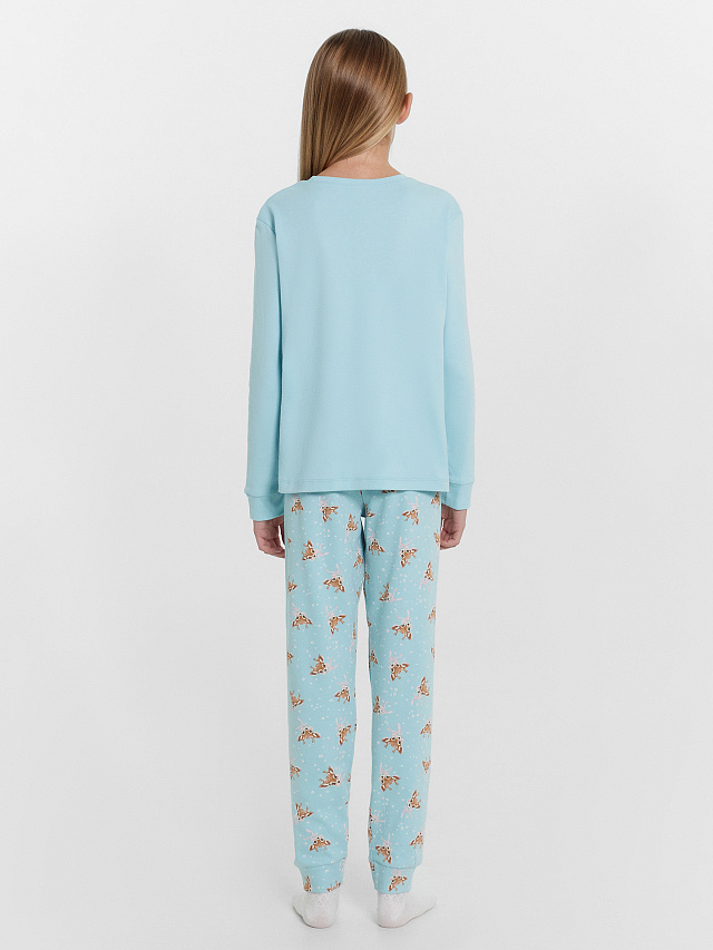 Комплект для девочек (джемпер, брюки) новогодний голубой с оленятами