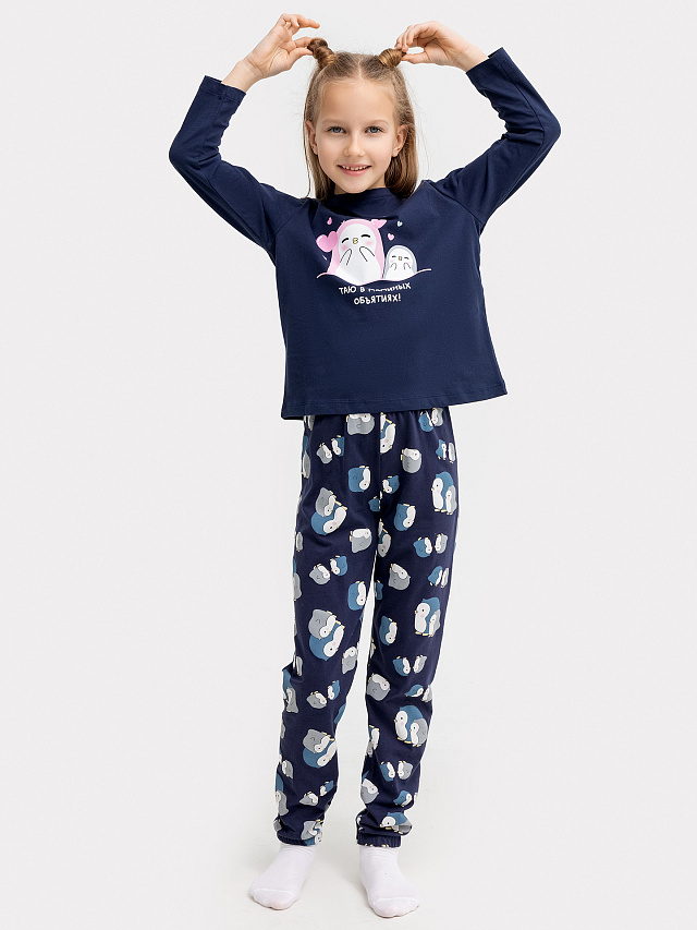 Комплект для девочек (джемпер, брюки) синий с пингвинами