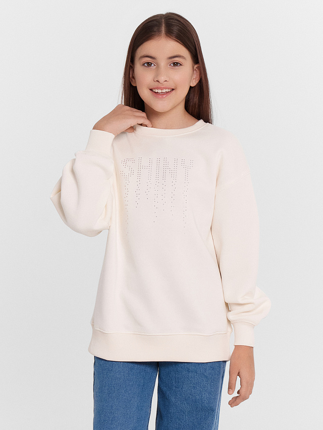 Свитшот для девочек кремовый со стразами