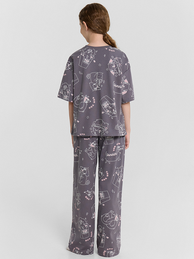 Комплект домашний для девочек серый с принтом