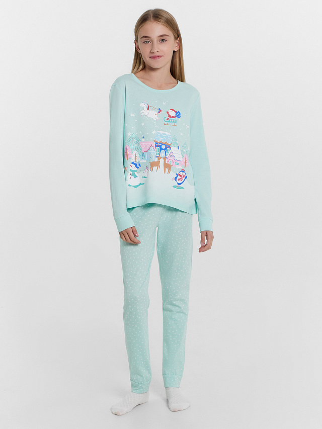 Комплект для девочек (джемпер, брюки) новогодний голубой с белыми снежинками