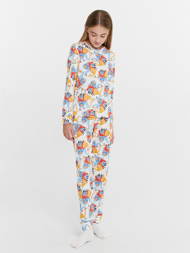 Комплект для девочек (джемпер, брюки) молочно-бежевый со слониками