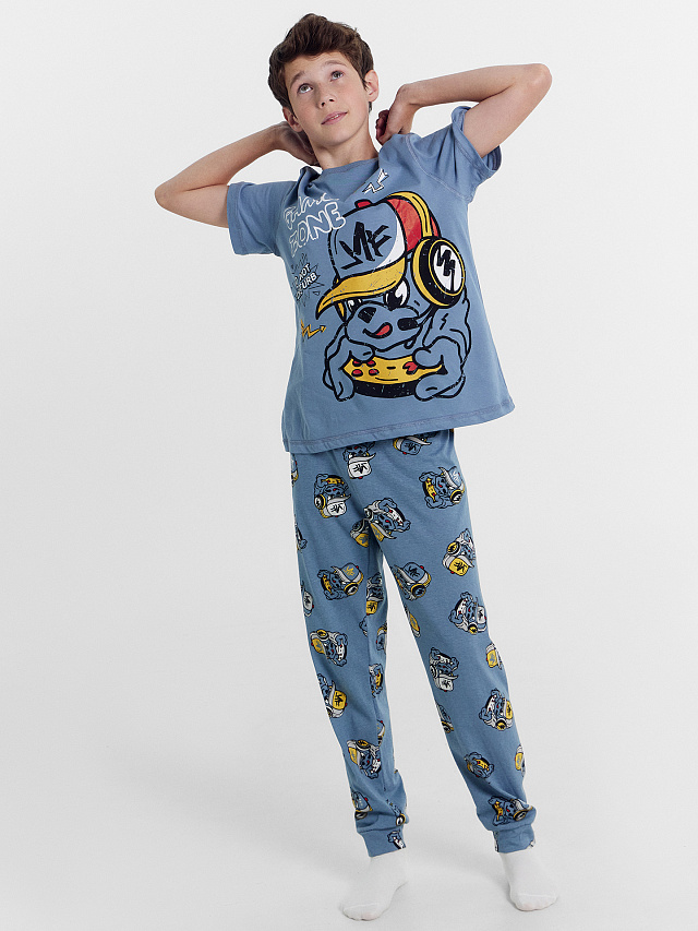 Комплект для мальчиков (футболка, брюки) серо-синий с принтом