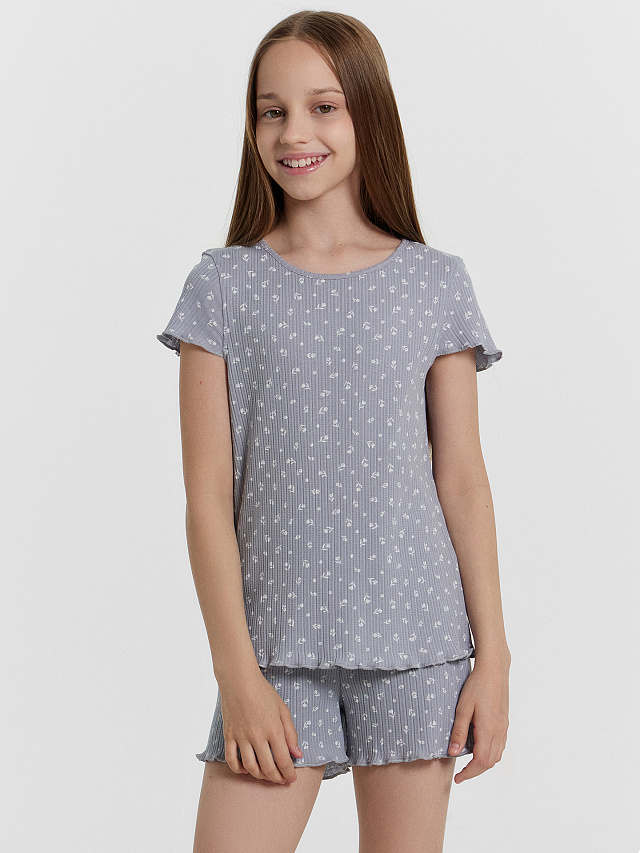 Комплект домашний для девочек серый с цветочным принтом
