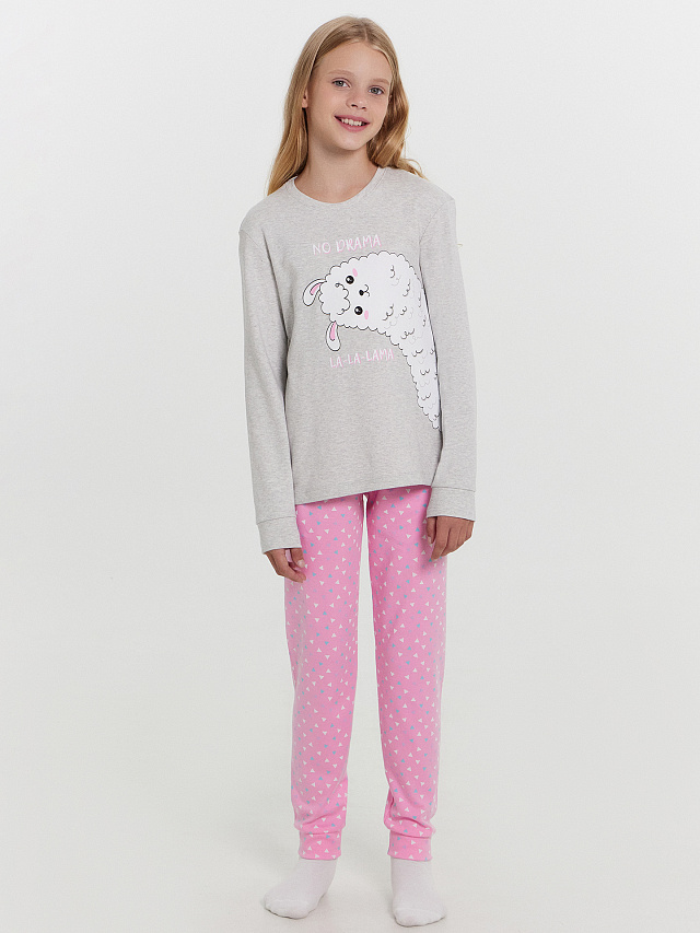Комплект для девочек (джемпер, брюки) серо-розовый с милой ламой