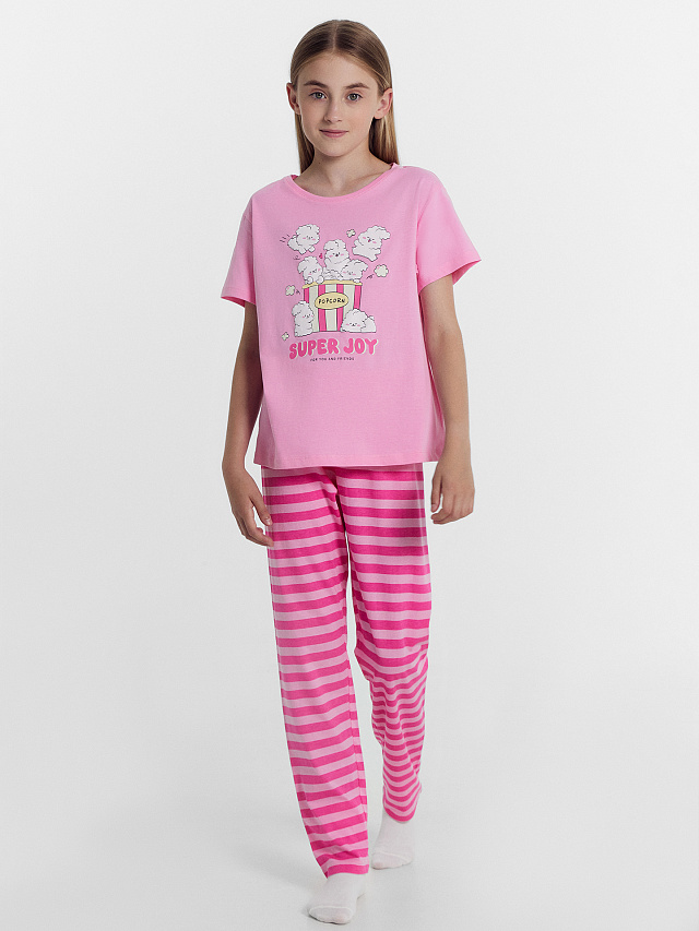 Комплект для девочек (футболка, брюки) розовый в розовую полоску