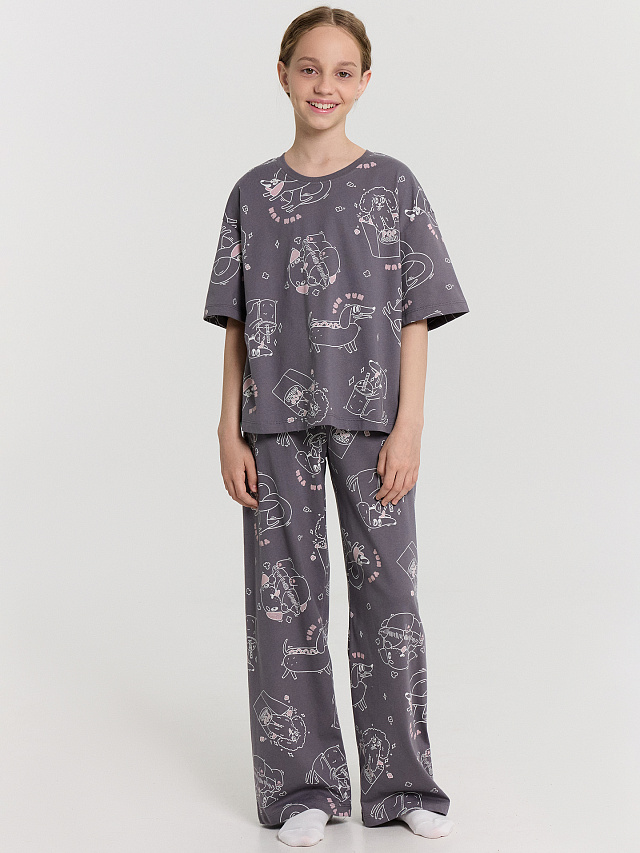 Комплект домашний для девочек серый с принтом