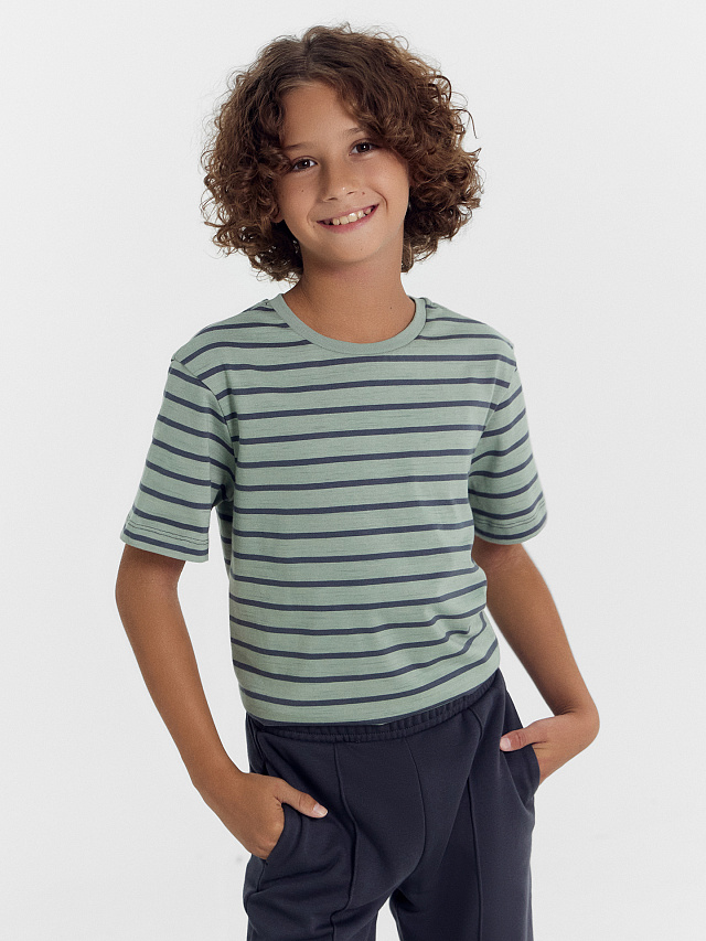 Футболка для мальчиков в серо-зеленую полоску