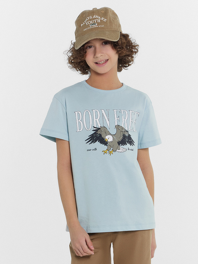 Футболка для мальчиков голубая с принтом и надписью