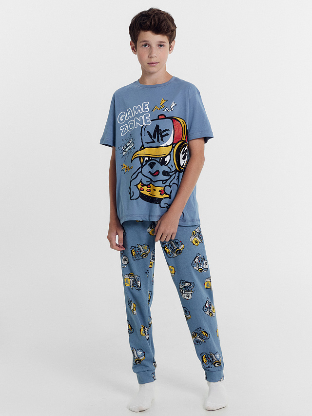Комплект для мальчиков (футболка, брюки) серо-синий с принтом