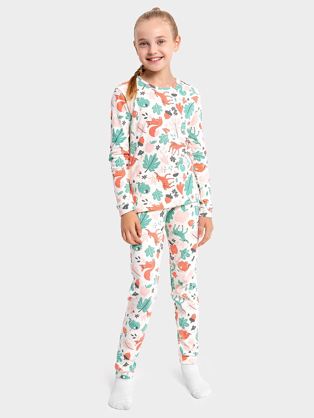 Комплект для девочек (джемпер, брюки) в белом цвете со зверятами