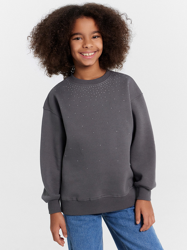 Свитшот для девочек серый со стразами