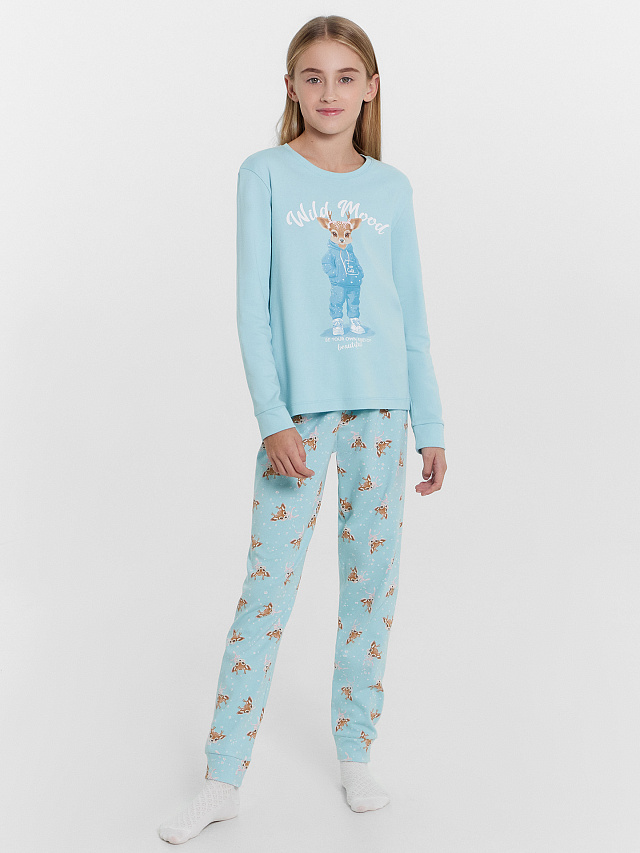 Комплект для девочек (джемпер, брюки) новогодний голубой с оленятами