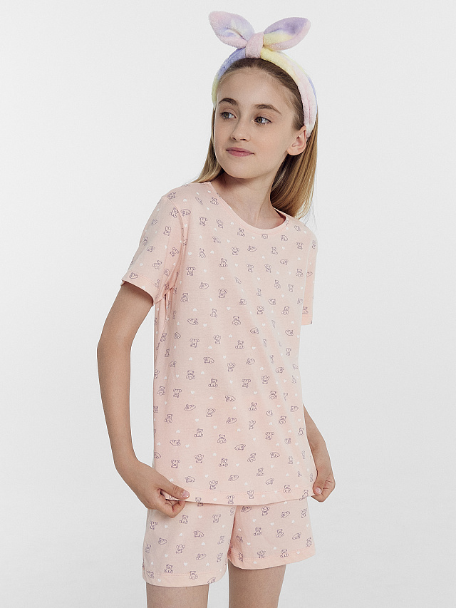 Комплект для девочек (футболка, шорты) светло-коралловый с мишками