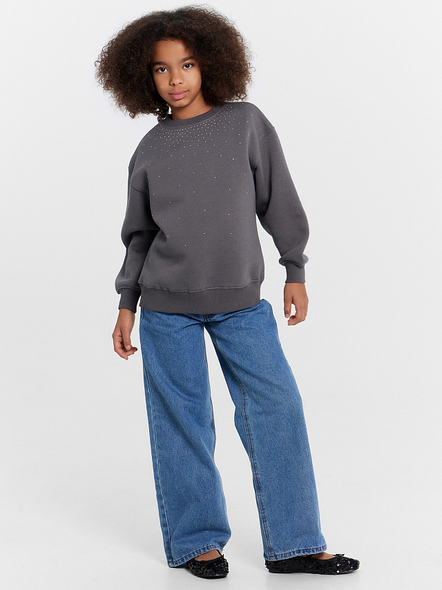 Свитшот для девочек серый со стразами